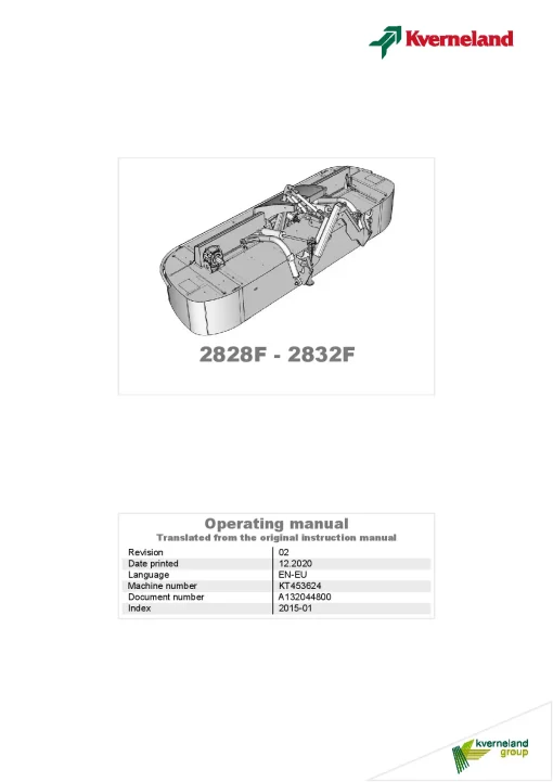 Kverneland 2828F -2832F Mower Disc Plain 2015 Operation Maintenance Manual PDF download