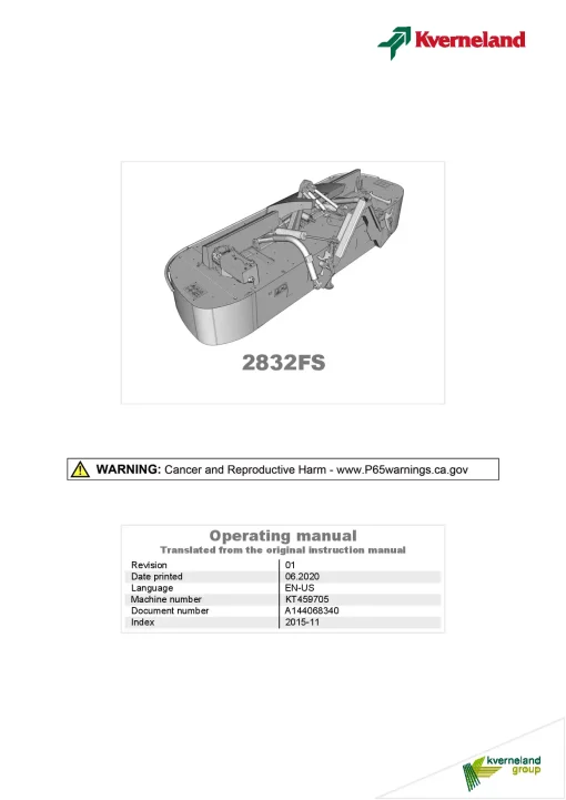Kverneland 2832FS Mower Disc Plain 2015 Operation Maintenance Manual PDF download
