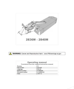 Kverneland 2836M -2840M Mower Disc Plain 2015 North America Operation Maintenance Manual PDF download