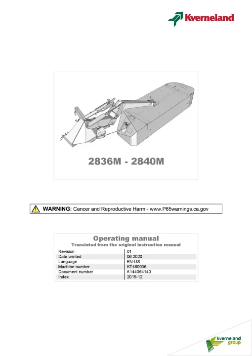 Kverneland 2836M -2840M Mower Disc Plain 2015 North America Operation Maintenance Manual PDF download