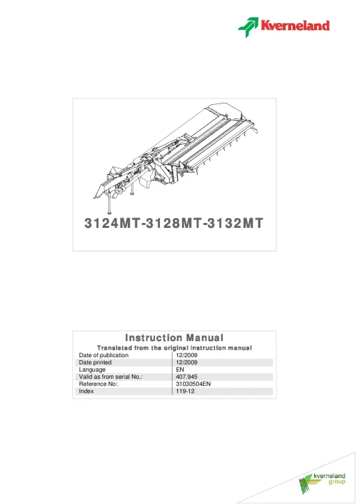 Kverneland 3124 3128 3132 -MT Mower Conditioner 2009 Operation Maintenance Manual PDF download
