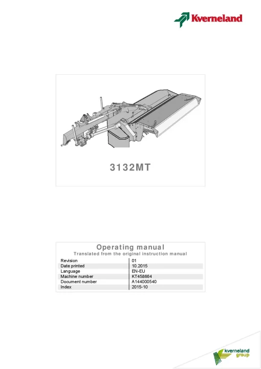 Kverneland 3132MT Mower Conditioner 2015 Operation Maintenance Manual PDF download