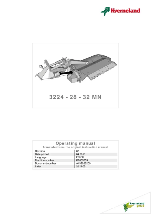 Kverneland 3224 3228 3232-MN Mower Conditioner 2016 Operation Maintenance Manual PDF download