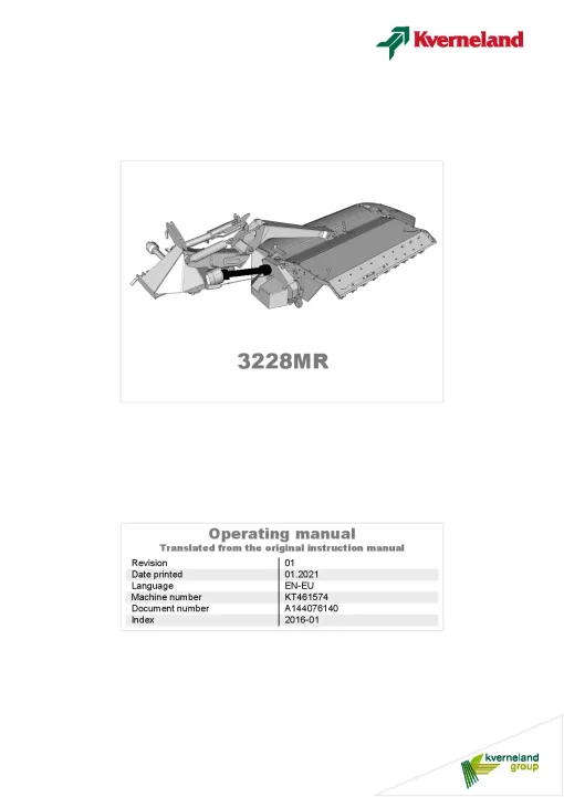 Kverneland 3228MR Mower Conditioner 2016 Operation Maintenance Manual PDF download