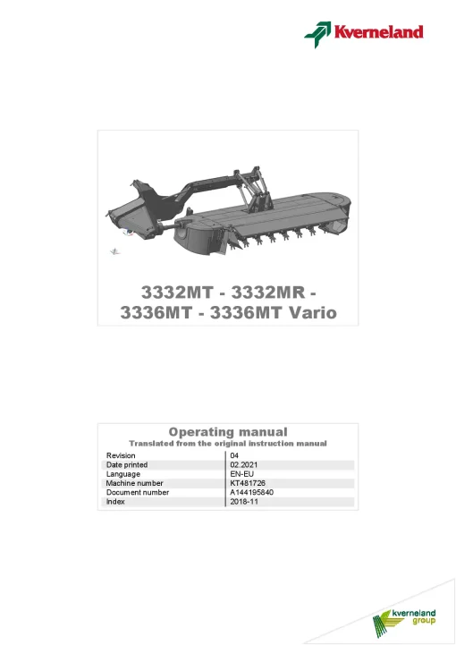 Kverneland 3232 -3336 -MR- MT Vario Mower Conditioner 2018 Eu Operation Maintenance Manual PDF download