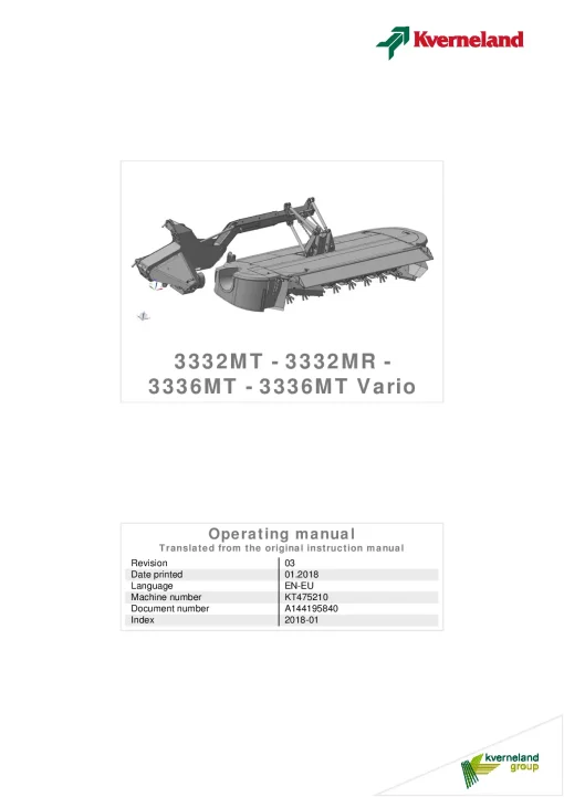 Kverneland 3232 -3336 -MR- MT Vario Mower Conditioner 2018 North America Operation Maintenance Manual PDF download