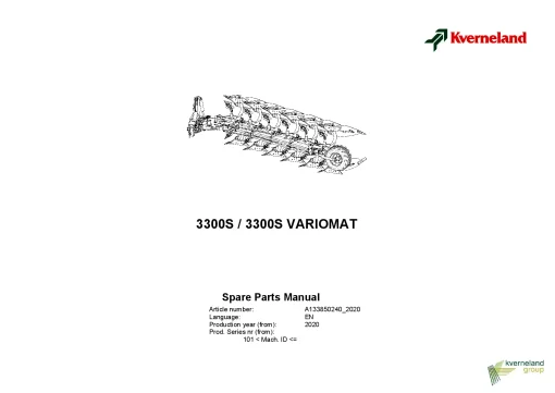 Kverneland 3300S- 3300S VARIOMAT Ploughs Reversible Mounted 2020 Parts Manual Catalog Pdf Download