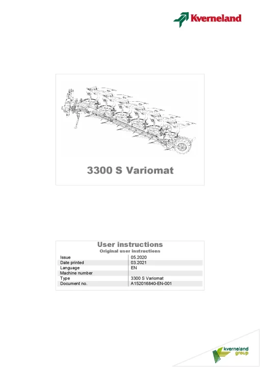 Kverneland 3300S VARIOMAT Ploughs Reversible Mounted 2020 Operation Maintenance Manual PDF download
