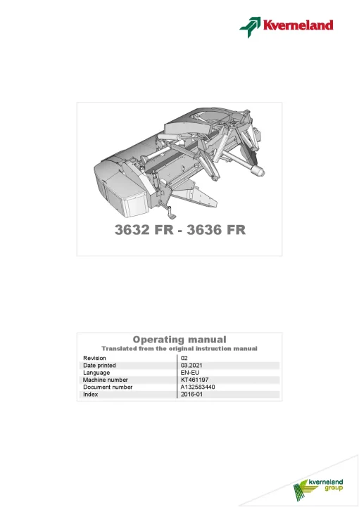 Kverneland 3332 3336-FR Mower Conditioner 2016 Operation Maintenance Manual PDF download