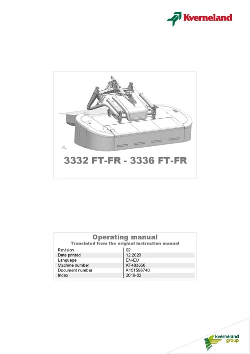 Kverneland 3332 3336 -FT-FR Mower Conditioner 2019 Operation Maintenance Manual PDF download