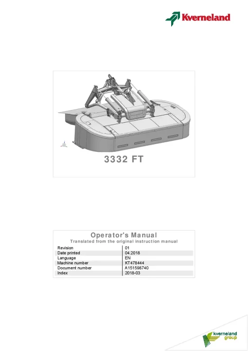 Kverneland 3332FT Mower Conditioner 2018 Operation Maintenance Manual PDF download
