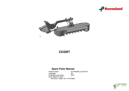 Kverneland 3332MT Mower Conditioner 2018 Sn KT475210-478824 Parts Manual Catalog Pdf Download