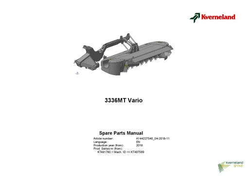 Kverneland 3336MT Vario Mower Conditioner 2018 Sn KT481760-497569 Parts Manual Catalog Pdf Download