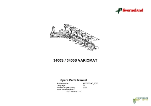 Kverneland 3400S-3400S VARIOMAT Ploughs Reversible Mounted 2020 Parts Manual Catalog Pdf Download