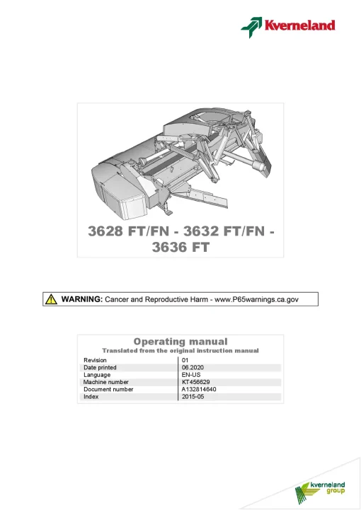 Kverneland 3628 3632 3636 -FT-FN Mower Conditioner 2015 North America Operation Maintenance Manual PDF download