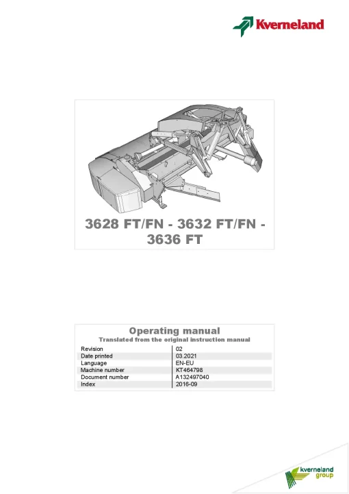 Kverneland 3628 3632 3636 -FT-FN Mower Conditioner 2016 Operation Maintenance Manual PDF download