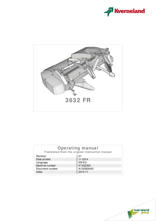 Kverneland 3632FR Mower Conditioner 2014 Operation Maintenance Manual PDF download