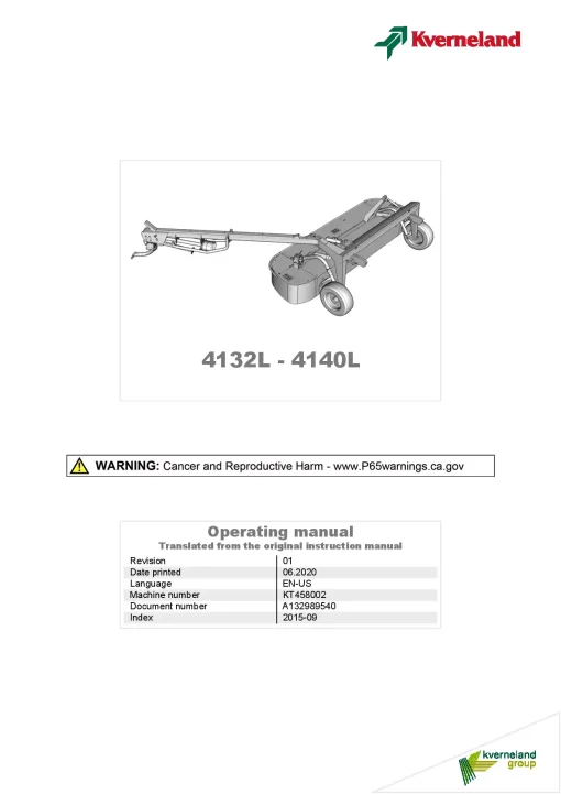 Kverneland 4132L -4140L Mower Disc Plain 2015 North America Operation Maintenance Manual PDF download