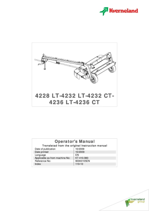 Kverneland 4228 4232 4236-LR 4232 4236-CT Mower Conditioner 2009 Operation Maintenance Manual PDF download