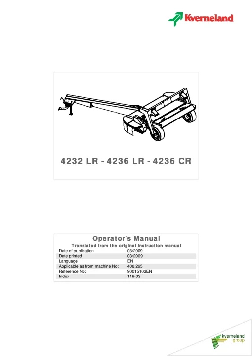 Kverneland 4232LR 4236LR 4236CR Mower Conditioner 2009 Operation Maintenance Manual PDF download
