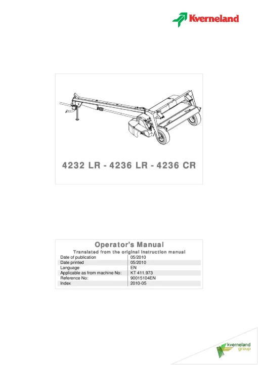 Kverneland 4232LR 4236LR 4236CR Mower Conditioner 2010 Operation Maintenance Manual PDF download