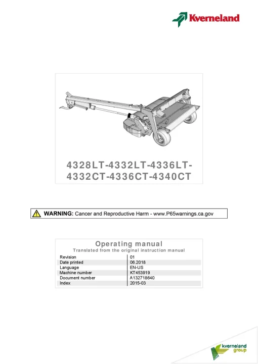 Kverneland 4324 4328 4332 4336 4340 -LT-CT Mower Conditioner 2015 Operation Maintenance Manual PDF download