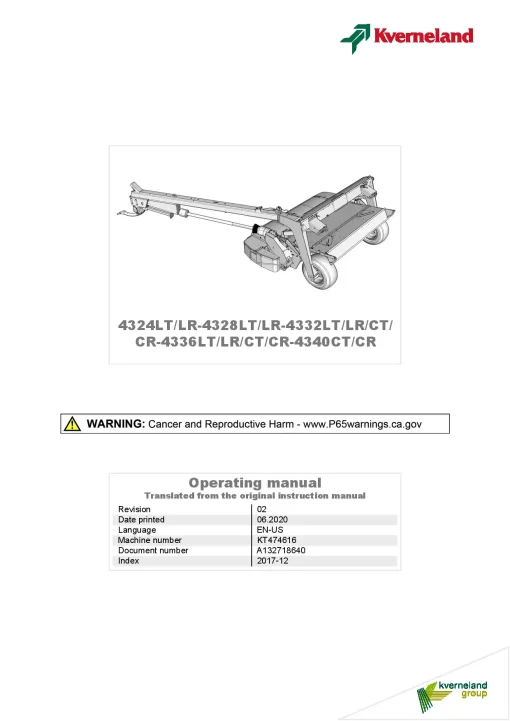 Kverneland 4324 4328 4332 4336 4340 LT-LR-CR Mower Conditioner 2017 Operation Maintenance Manual PDF download