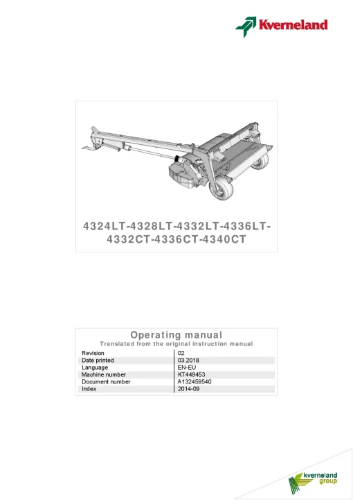 Kverneland 4332 4336 4340-CT Mower Conditioner 2014 Operation Maintenance Manual PDF download