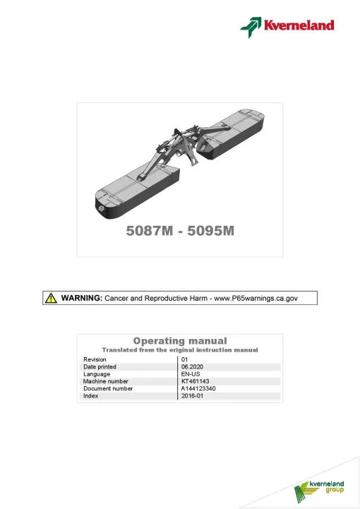 Kverneland 5087M 5095M Mower Disc Plain 2016 North America Operation Maintenance Manual PDF download