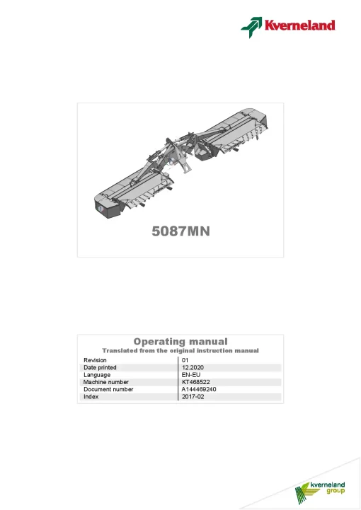 Kverneland 5087MN Mower Conditioner 2020 Operation Maintenance Manual PDF download