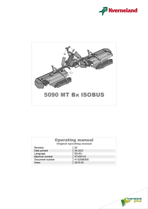 Kverneland 5090 MT Bx ISOBUS Mower Conditioner 2015 EU Operation Maintenance Manual PDF download