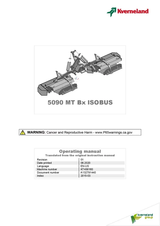 Kverneland 5090 MT Bx ISOBUS Mower Conditioner 2015 North America Operation Maintenance Manual PDF download