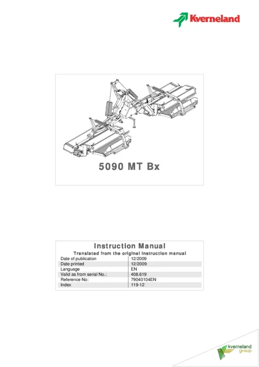 Kverneland 5090MT Bx Accessories Mowers 2009 Operation Maintenance Manual PDF download