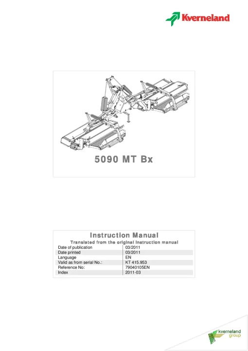 Kverneland 5090MT Bx Accessories Mowers 2011 Operation Maintenance Manual PDF download