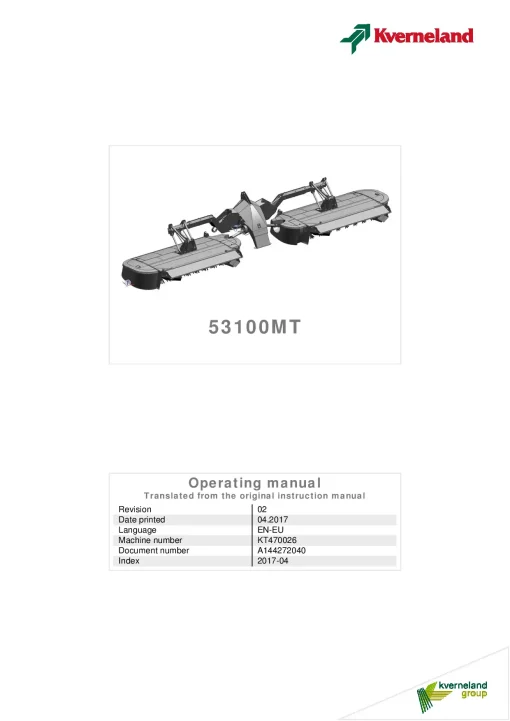 Kverneland 53100 -MT-MR Mower Conditioner 2017 Operation Maintenance Manual PDF download