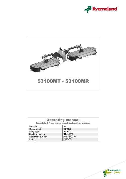 Kverneland 53100-MT -MR Mower Conditioner 2020 Operation Maintenance Manual PDF download