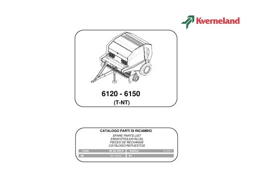 Kverneland 6120 6150 (T-NT) Balers Round -Fixed chamber 2011 Parts Manual Catalog Pdf Download