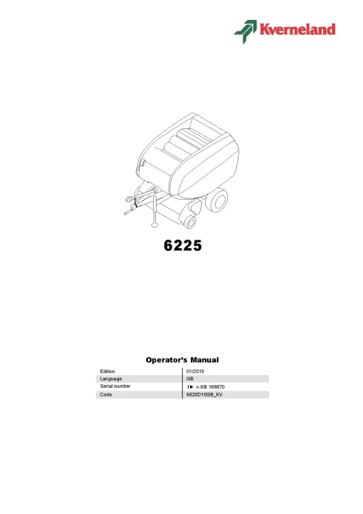 Kverneland 6225 Balers Round -Fixed chamber 2015 Operation Maintenance Manual PDF download