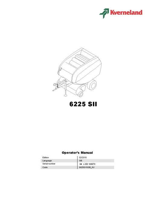Kverneland 6225 SII Balers Round -Fixed chamber 2015 Operation Maintenance Manual PDF download