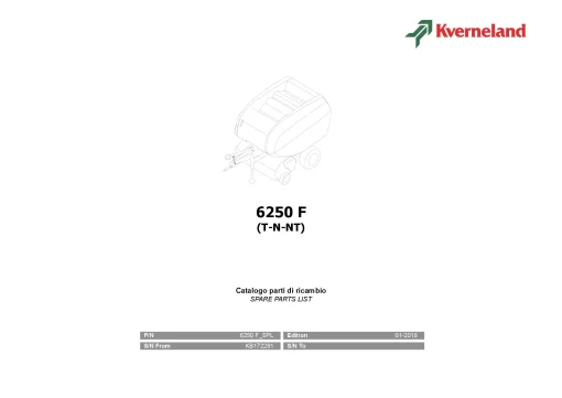 Kverneland 6250 F (T-N-NT) Balers Round 2018 Parts Manual Catalog Pdf Download