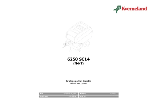 Kverneland 6250 SC14 (T-N-NT) Balers Round 2017 Parts Manual Catalog Pdf Download