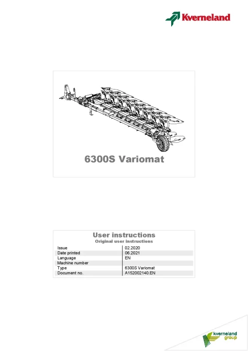 Kverneland 6300S Variomat Ploughs Reversible Semi-mounted 2020 Operation Maintenance Manual PDF download