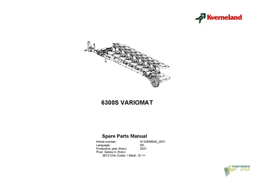 Kverneland 6300S Variomat Ploughs Reversible Semi-mounted 2021 Parts Manual Catalog Pdf Download