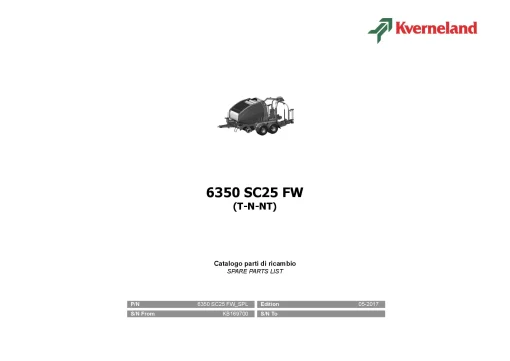 Kverneland 6350 SC25 Flexiwrap (T-N-NT) Baler-wrapper 2017 Parts Manual Catalog Pdf Download