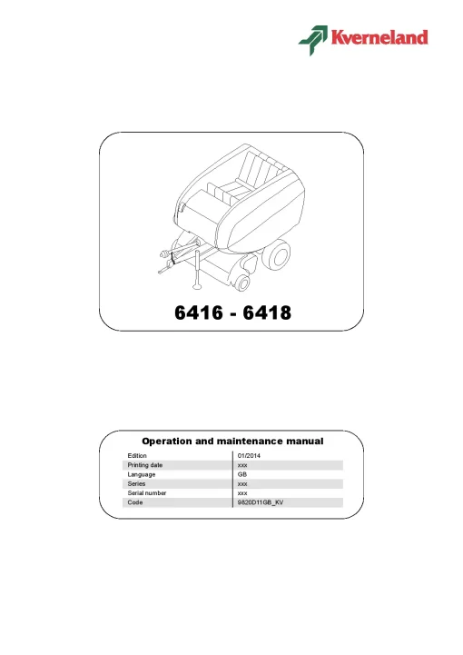 Kverneland 6416-6418 Balers Round 2014 Operation Maintenance Manual PDF download