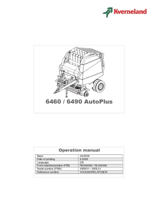 Kverneland 6460 6490 -Auto Plus Round Balers 2008 Operation Maintenance Manual PDF download