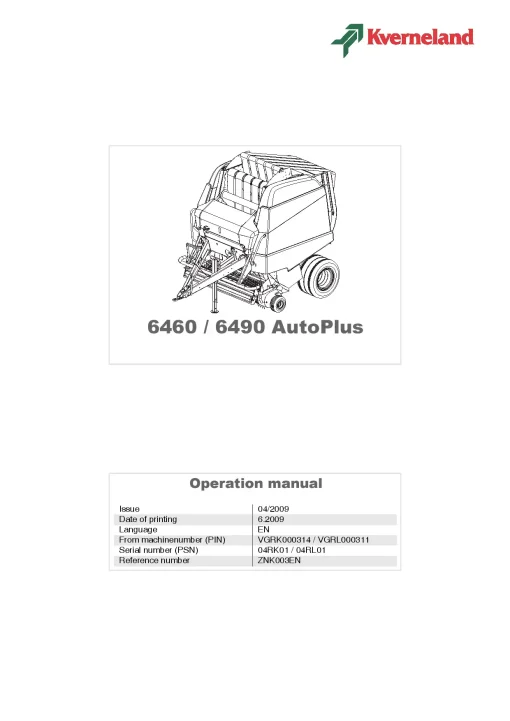 Kverneland 6460 6490 -Auto Plus Round Balers 2009 Operation Maintenance Manual PDF download