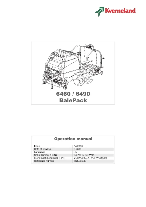 Kverneland 6460 6490-Balepack Baler -wrapper 2009 Operation Maintenance Manual PDF download