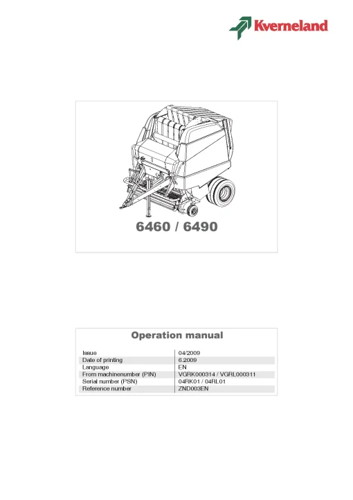 Kverneland 6460 6490 Round Balers Operation Maintenance Manual PDF download