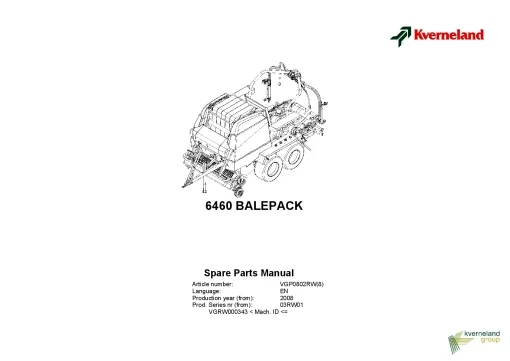 Kverneland 6460 Balepack Baler -wrapper 2008 Parts Manual Catalog Pdf Download